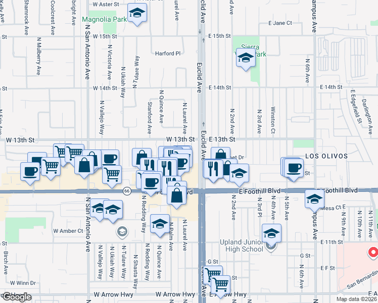 map of restaurants, bars, coffee shops, grocery stores, and more near 1234 North Laurel Avenue in Upland
