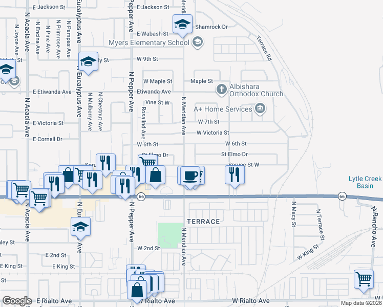 map of restaurants, bars, coffee shops, grocery stores, and more near 566 North Marvin Drive in San Bernardino