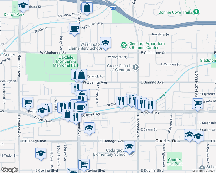 map of restaurants, bars, coffee shops, grocery stores, and more near 303 West Newburgh Street in Glendora