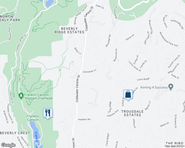 map of restaurants, bars, coffee shops, grocery stores, and more near 9500 Cherokee Lane in Beverly Hills