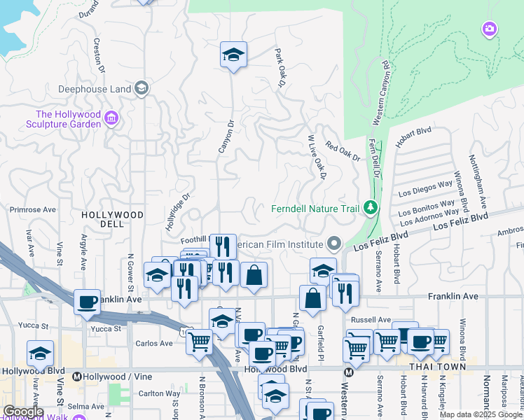 map of restaurants, bars, coffee shops, grocery stores, and more near 5757 Valley Oak Drive in Los Angeles
