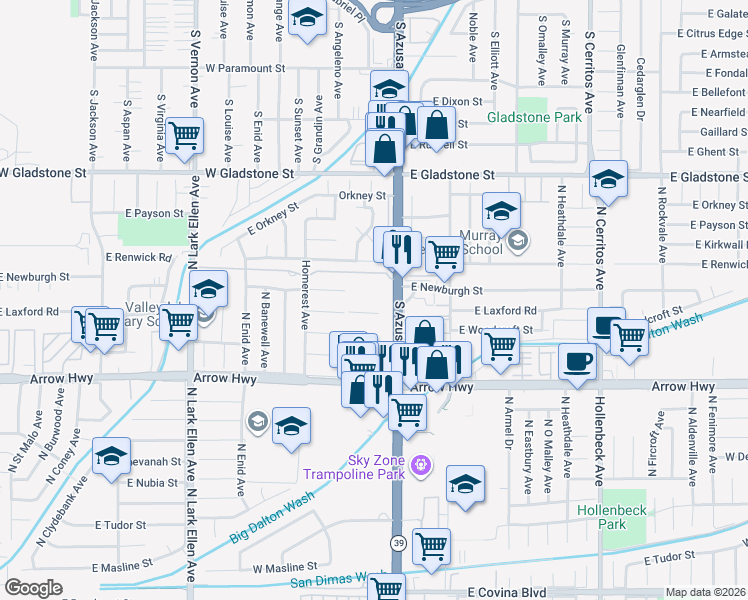 map of restaurants, bars, coffee shops, grocery stores, and more near 713 South Azusa Avenue in Azusa