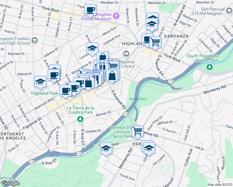 map of restaurants, bars, coffee shops, grocery stores, and more near 229 South Avenue 60 in Los Angeles