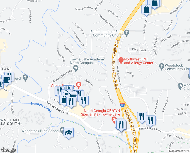 map of restaurants, bars, coffee shops, grocery stores, and more near 4272 Moccasin Trail in Woodstock