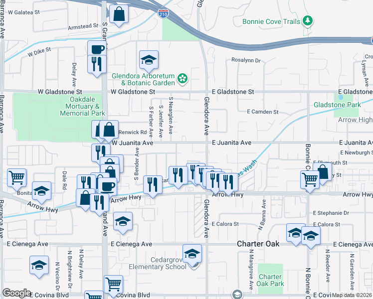 map of restaurants, bars, coffee shops, grocery stores, and more near 150 West Juanita Avenue in Glendora