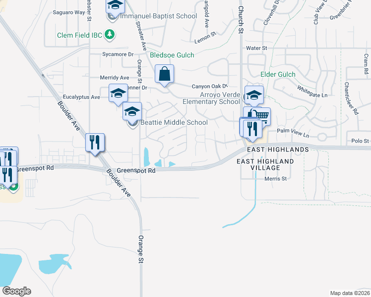 map of restaurants, bars, coffee shops, grocery stores, and more near 28675 Winthrop Way in Highland