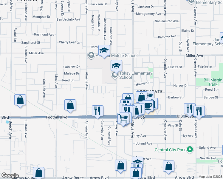 map of restaurants, bars, coffee shops, grocery stores, and more near 7935 Tokay Avenue in Fontana