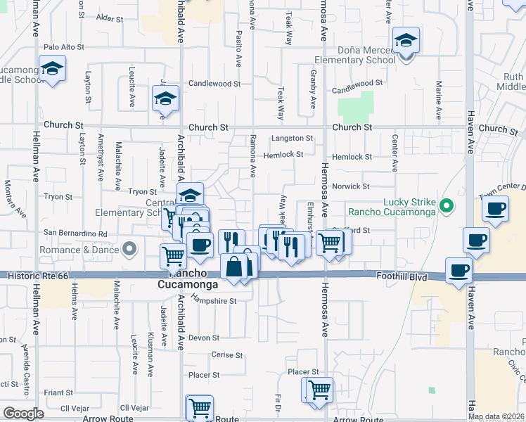 map of restaurants, bars, coffee shops, grocery stores, and more near 7921 Perlite Avenue in Rancho Cucamonga