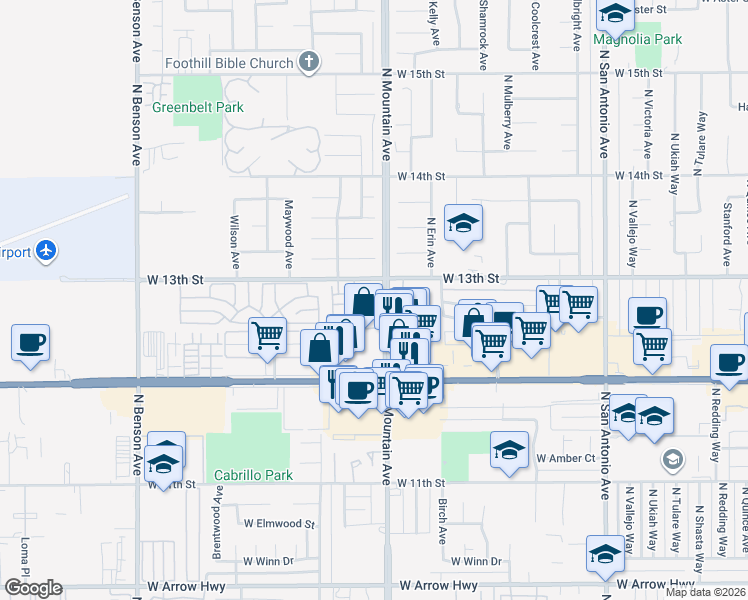 map of restaurants, bars, coffee shops, grocery stores, and more near 1218 Crestwood Drive in Upland