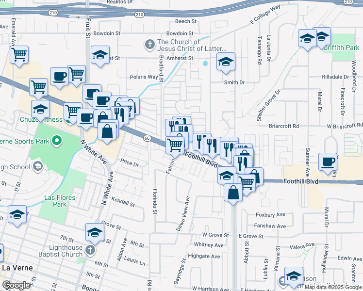 map of restaurants, bars, coffee shops, grocery stores, and more near 2855 Foothill Boulevard in La Verne