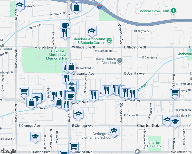 map of restaurants, bars, coffee shops, grocery stores, and more near 312 West Juanita Avenue in Glendora