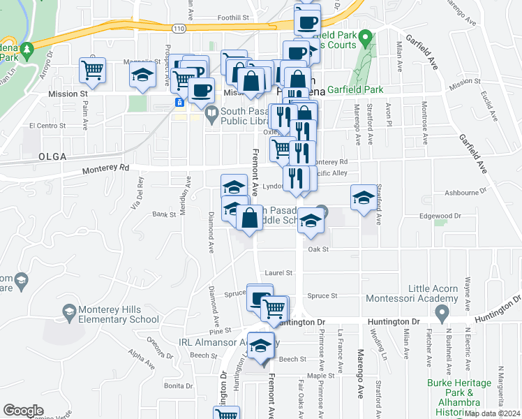 map of restaurants, bars, coffee shops, grocery stores, and more near 1401 Fremont Avenue in South Pasadena