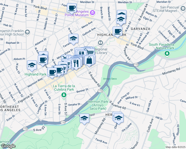 map of restaurants, bars, coffee shops, grocery stores, and more near 219 South Avenue 60 in Los Angeles