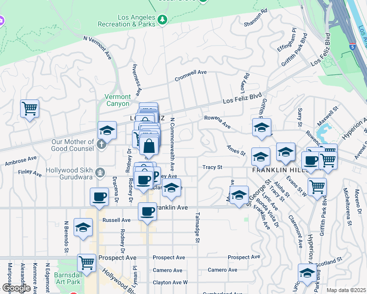 map of restaurants, bars, coffee shops, grocery stores, and more near 2131 Cedarhurst Drive in Los Angeles