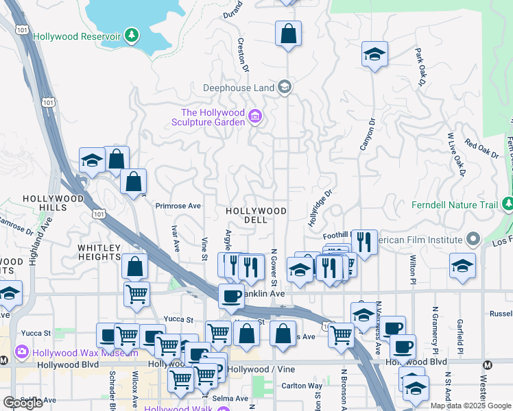 map of restaurants, bars, coffee shops, grocery stores, and more near in Los Angeles