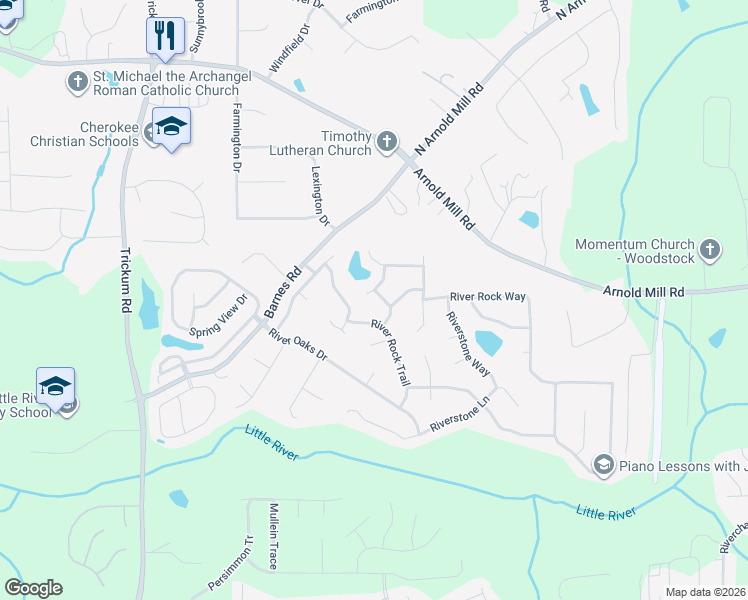 map of restaurants, bars, coffee shops, grocery stores, and more near 702 Winding River Way in Woodstock
