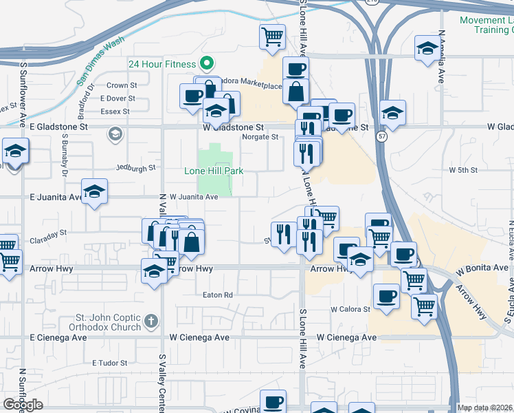 map of restaurants, bars, coffee shops, grocery stores, and more near 310 North Rennell Avenue in San Dimas