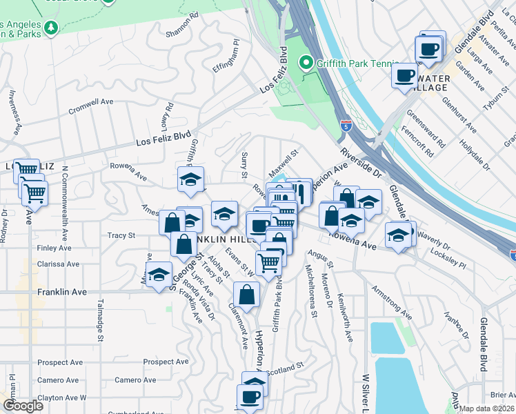 map of restaurants, bars, coffee shops, grocery stores, and more near 2916 Saint George Street in Los Angeles