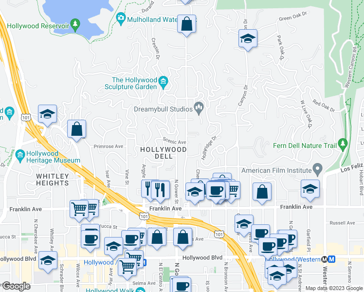 map of restaurants, bars, coffee shops, grocery stores, and more near 2147 Beachwood Drive in Los Angeles