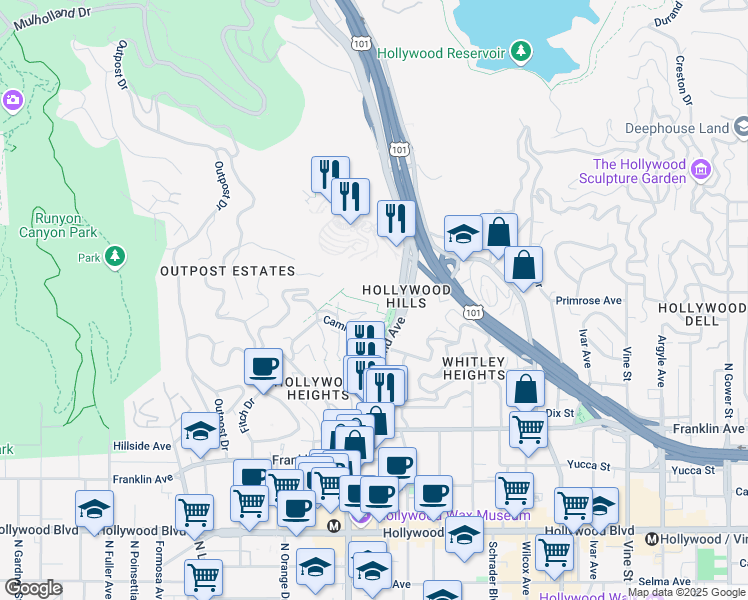 map of restaurants, bars, coffee shops, grocery stores, and more near 6867 Alta Loma Terrace in Los Angeles