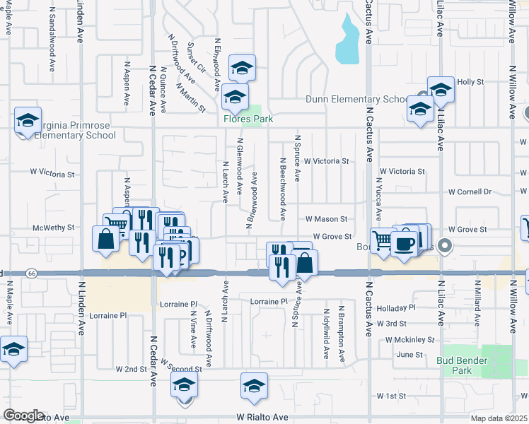 map of restaurants, bars, coffee shops, grocery stores, and more near 572 North Teakwood Avenue in Rialto