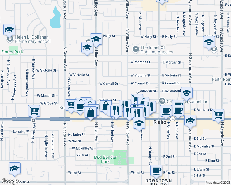 map of restaurants, bars, coffee shops, grocery stores, and more near 375 West Rosewood Street in Rialto