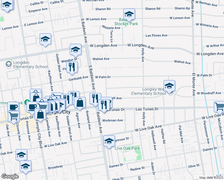 map of restaurants, bars, coffee shops, grocery stores, and more near 520 Los Altos Avenue in Arcadia