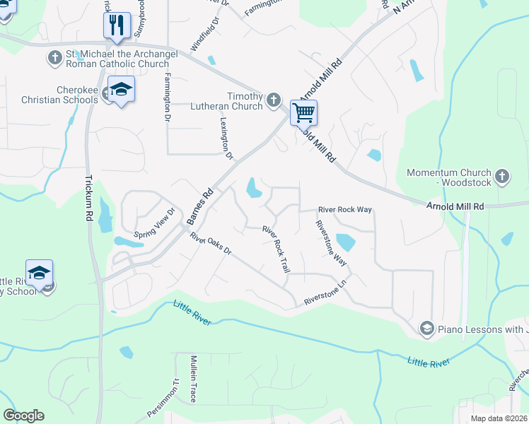 map of restaurants, bars, coffee shops, grocery stores, and more near 702 Winding River Way in Woodstock