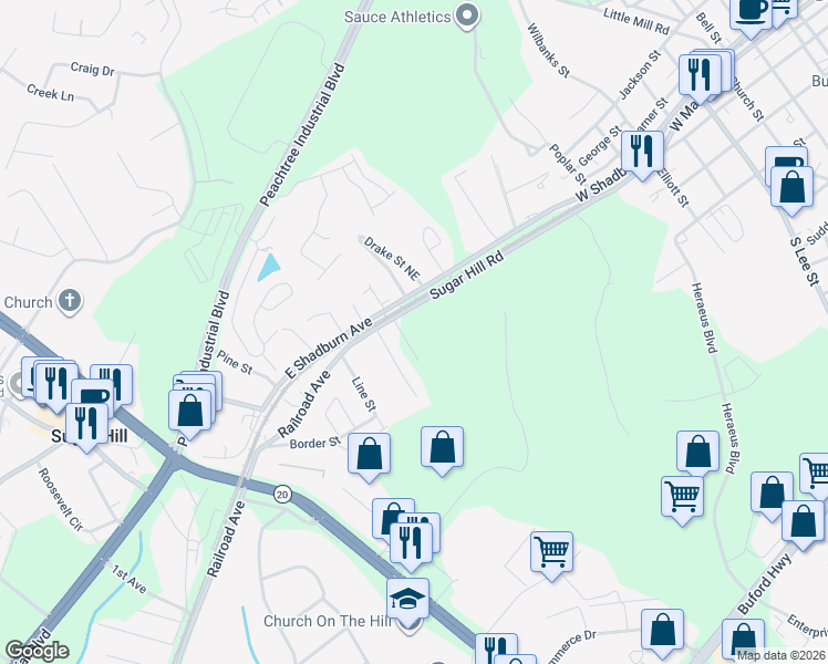 map of restaurants, bars, coffee shops, grocery stores, and more near 1050 Sugar Hill Road in Buford