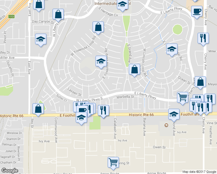 map of restaurants, bars, coffee shops, grocery stores, and more near 7863 Iroquois Street in Fontana