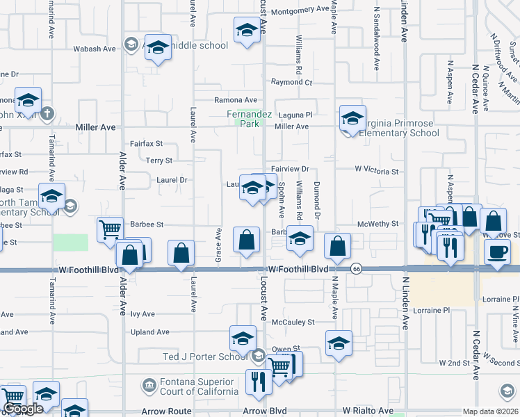 map of restaurants, bars, coffee shops, grocery stores, and more near 7930 Locust Avenue in Fontana