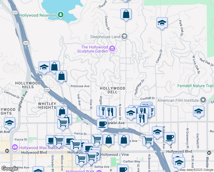 map of restaurants, bars, coffee shops, grocery stores, and more near 6245 Scenic Avenue in Los Angeles