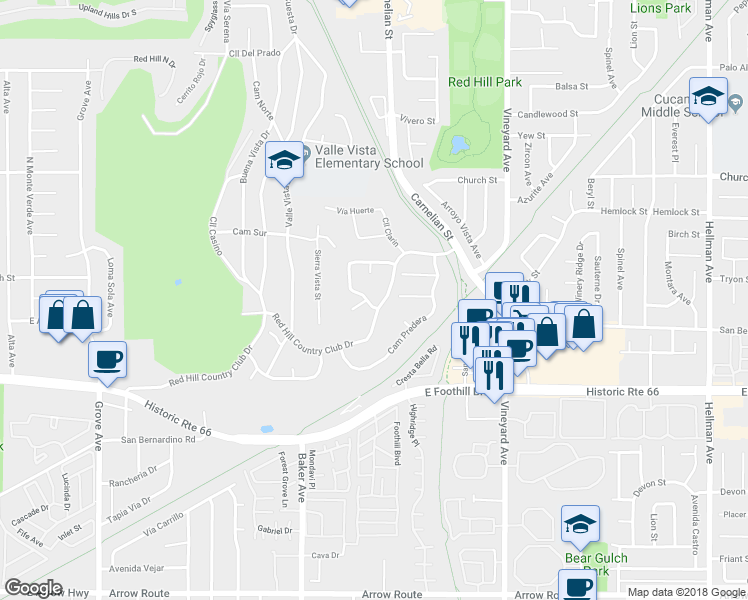 map of restaurants, bars, coffee shops, grocery stores, and more near 7953 Chula Vista Drive in Rancho Cucamonga