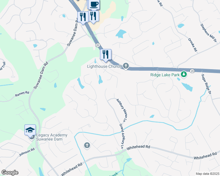 map of restaurants, bars, coffee shops, grocery stores, and more near 624 Grand Ashbury Lane in Buford