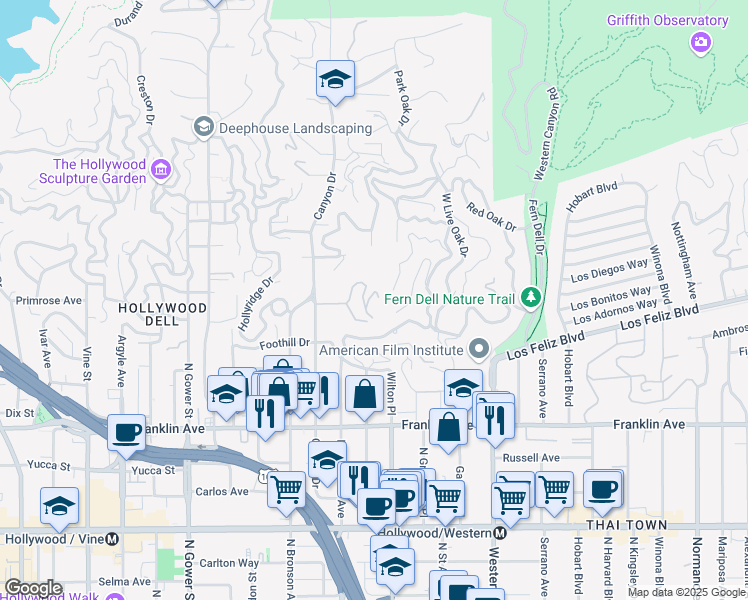 map of restaurants, bars, coffee shops, grocery stores, and more near 5757 Valley Oak Drive in Los Angeles