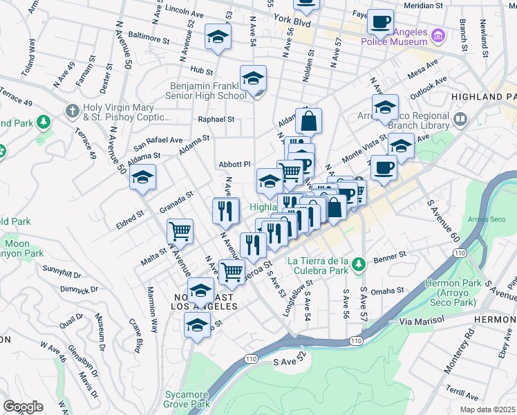 map of restaurants, bars, coffee shops, grocery stores, and more near 5333 Monte Vista Street in Los Angeles