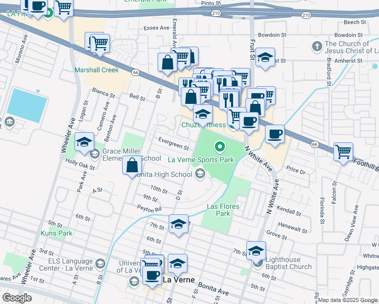 map of restaurants, bars, coffee shops, grocery stores, and more near 3393 D Street in La Verne