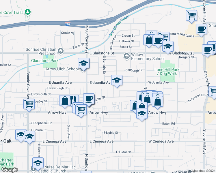 map of restaurants, bars, coffee shops, grocery stores, and more near 1610 South Bradford Drive in Glendora