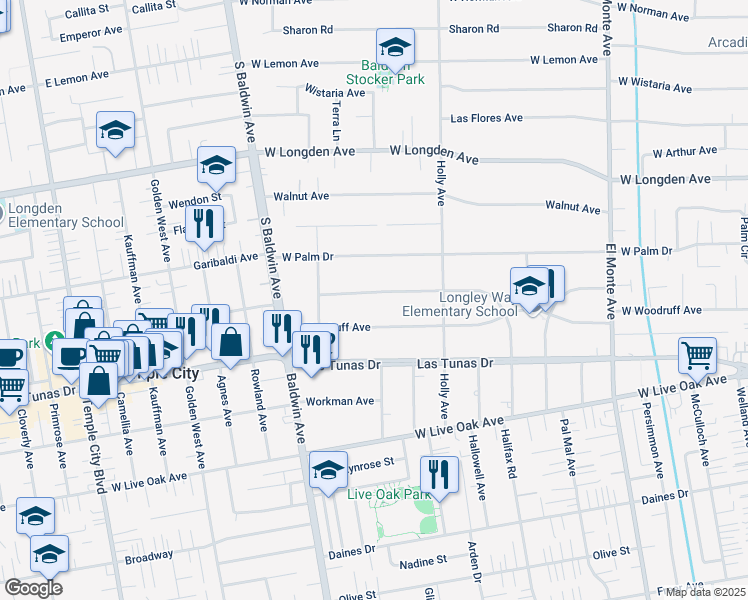 map of restaurants, bars, coffee shops, grocery stores, and more near 470 Los Altos Avenue in Arcadia