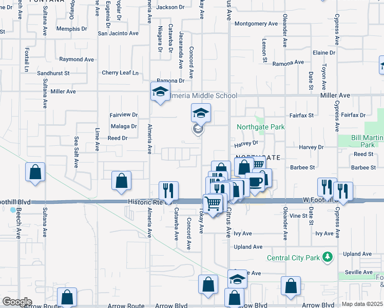 map of restaurants, bars, coffee shops, grocery stores, and more near 7908 Tokay Avenue in Fontana