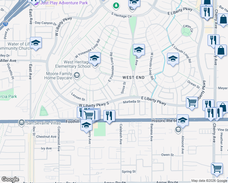 map of restaurants, bars, coffee shops, grocery stores, and more near 7863 Iroquois Street in Fontana