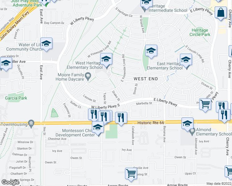 map of restaurants, bars, coffee shops, grocery stores, and more near 7915 Drake Street in Fontana