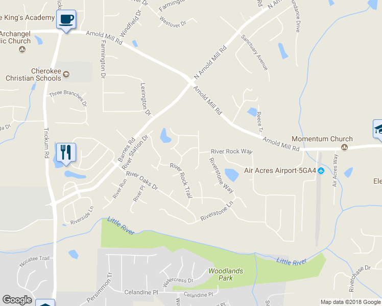 map of restaurants, bars, coffee shops, grocery stores, and more near 2506 Waterford Lane in Woodstock