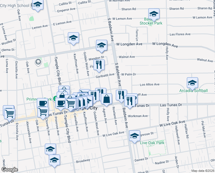 map of restaurants, bars, coffee shops, grocery stores, and more near 6017 Rowland Avenue in Temple City