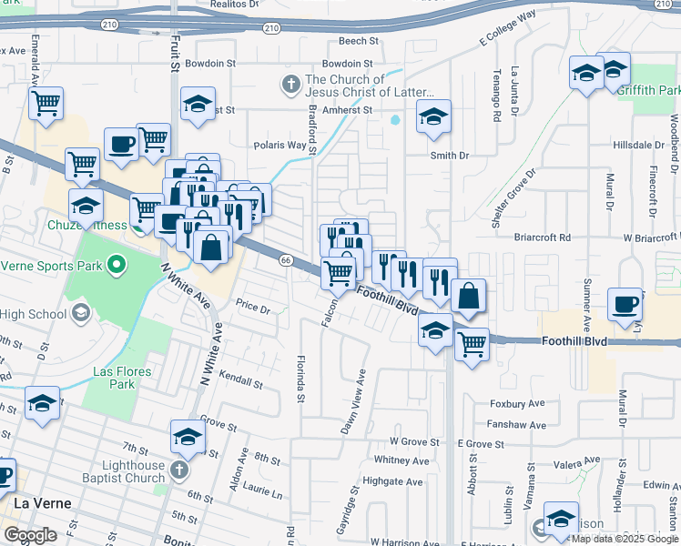 map of restaurants, bars, coffee shops, grocery stores, and more near 2777 Foothill Boulevard in La Verne
