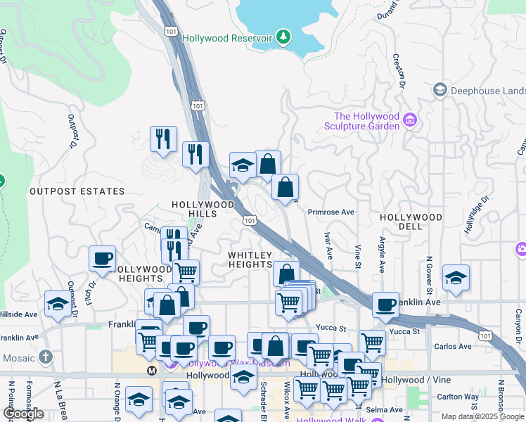 map of restaurants, bars, coffee shops, grocery stores, and more near 6801 Iris Circle in Los Angeles