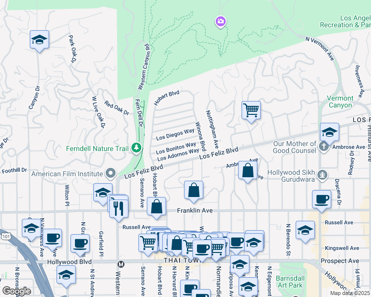 map of restaurants, bars, coffee shops, grocery stores, and more near 5206 Los Bonitos Way in Los Angeles