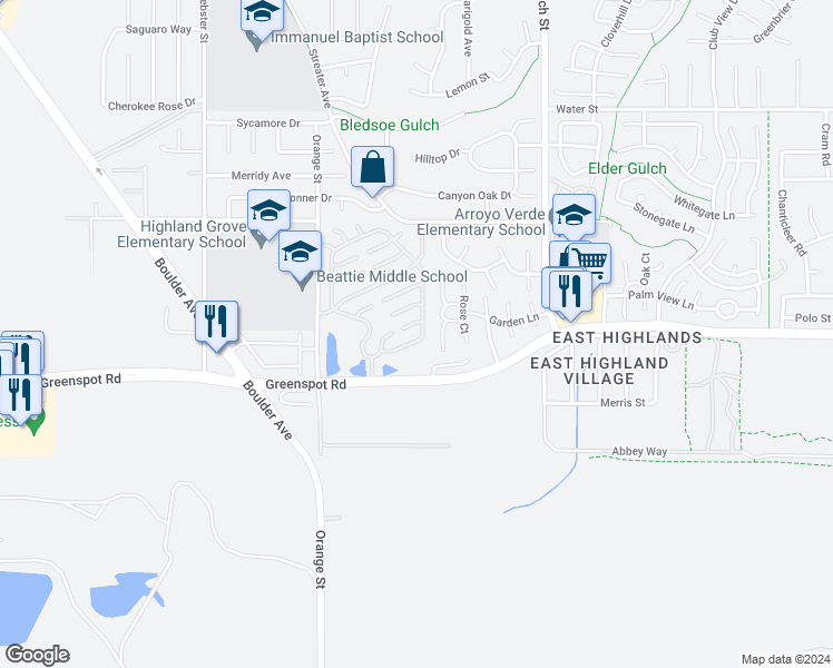 map of restaurants, bars, coffee shops, grocery stores, and more near 28638 Strathmore Road in Highland