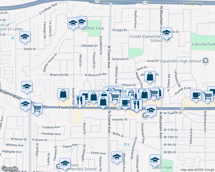 map of restaurants, bars, coffee shops, grocery stores, and more near 3657 Towne Park Circle in Pomona