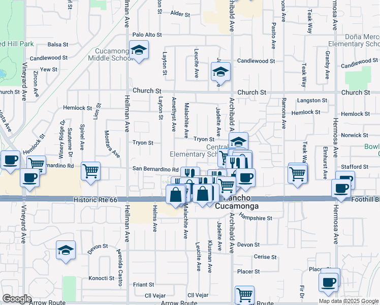 map of restaurants, bars, coffee shops, grocery stores, and more near 7935 Malachite Avenue in Rancho Cucamonga
